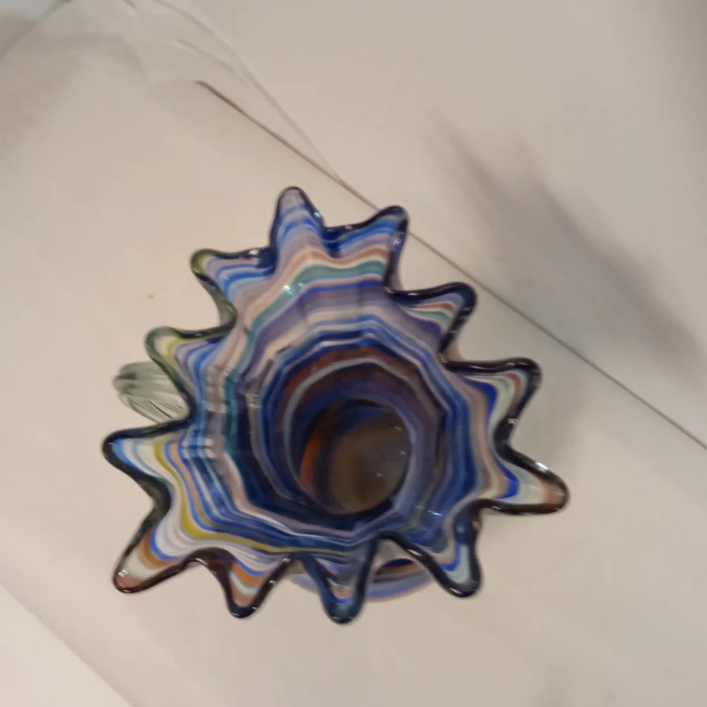 Vintage Glass Pitcher Vase Blue Swirl Budding Ruffled Rim, Murano Glass Style